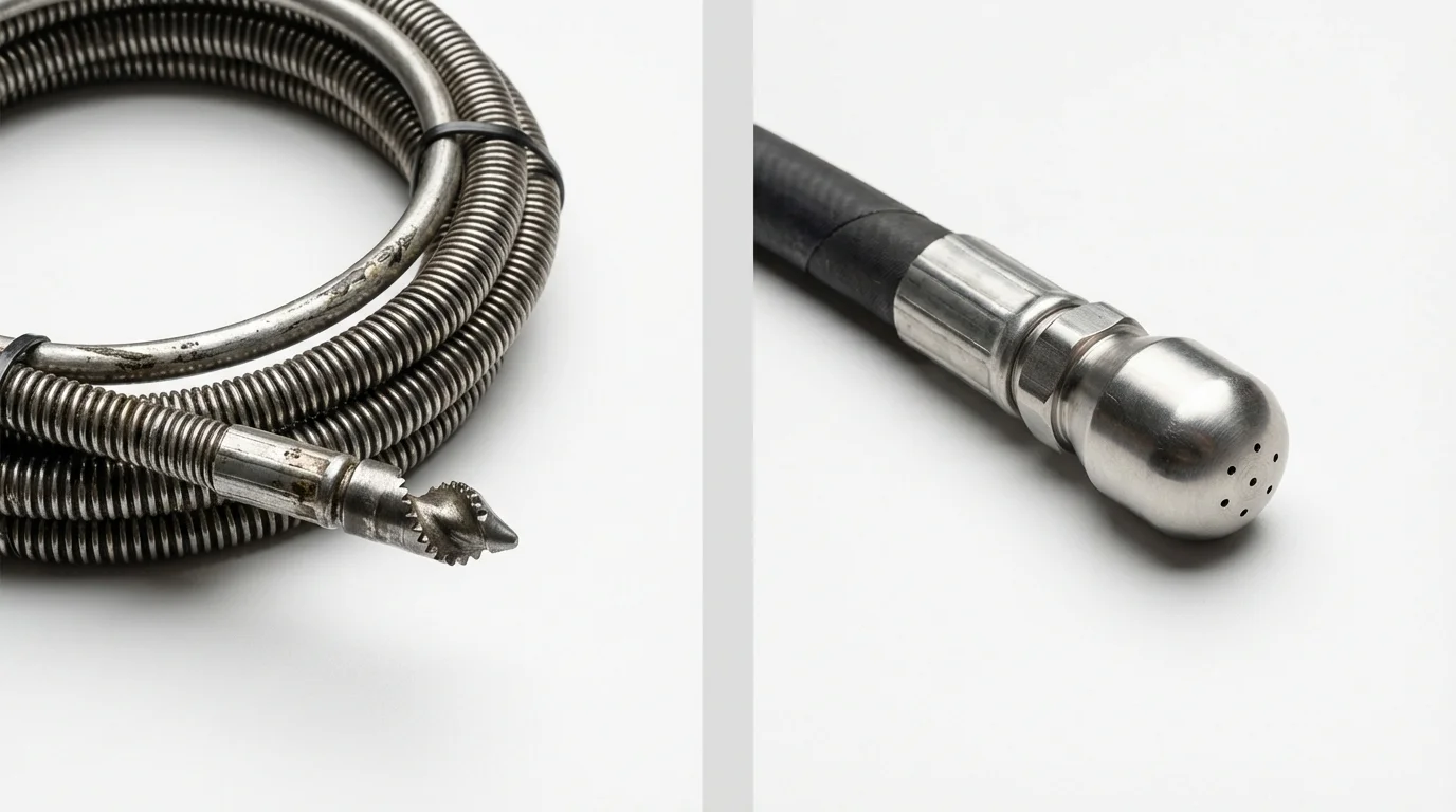 Drain snake cable and hydro jetting nozzle used for drain cleaning in Johnstown, CO