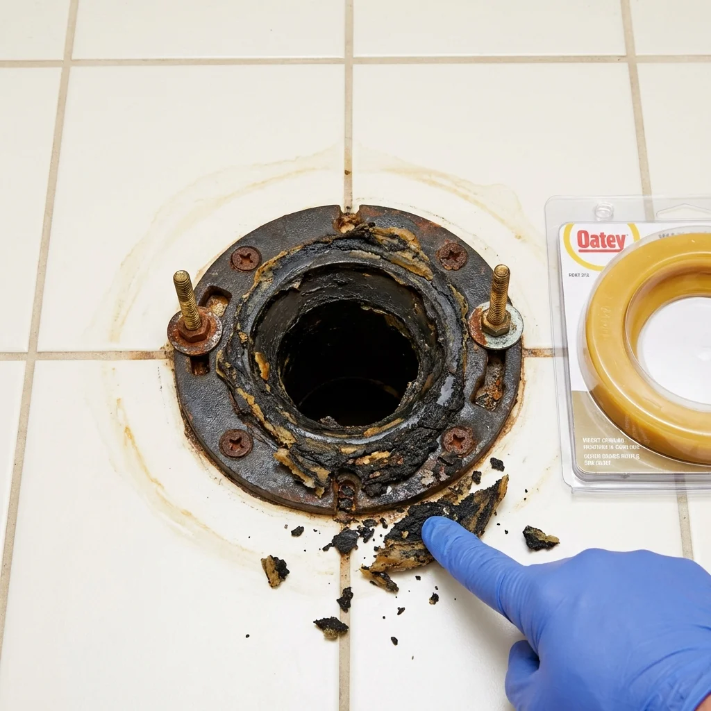 Failed wax ring showing water seepage at the base of a toilet in a Johnstown, CO home