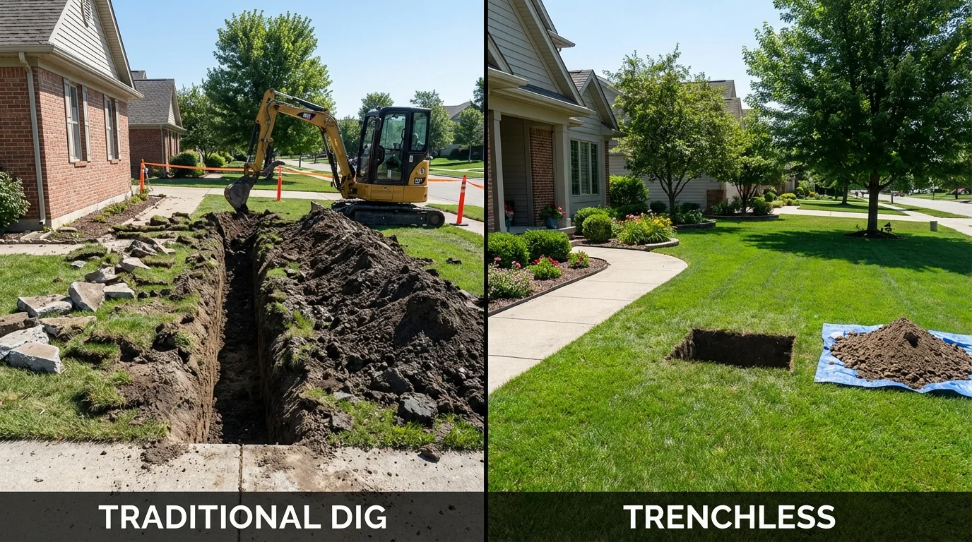 Trenchless sewer repair with minimal yard damage versus traditional excavation in Johnstown, CO